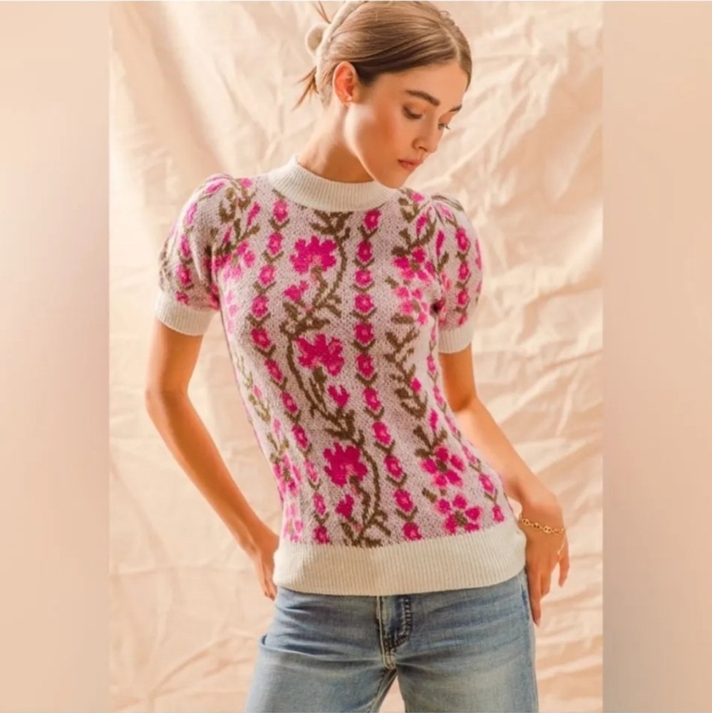 Fuscia Floral Intarsia Puff Sleeve Bohemian Tunic Sweater SZ XL NWT